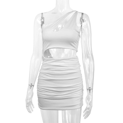 Sexy One Shoulder Hollow Out Mini Dress Women Sleeveless Backless Party Nightclub Outfit